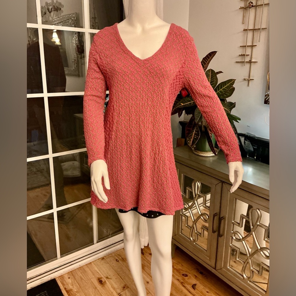 Tianello Fall Boho Slinky Crinkle Textured Long Sleeve Tunic Dress Salmon Small